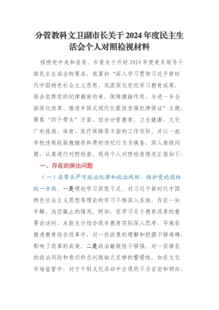 分管教科文卫副市长关于2024年度民主生活会个人对照检视材料