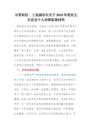 分管科技、工业副市长关于2024年度民主生活会个人对照检视材料