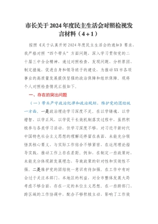 市长关于2024年度民主生活会对照检视发言材料（4＋1）