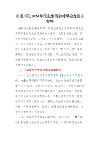 市委书记2024年民主生活会对照检查发言材料
