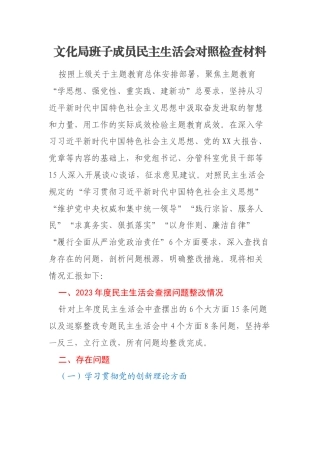 文化局班子成员民主生活会对照检查材料