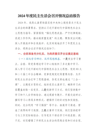 2024年度民主生活会召开情况总结报告