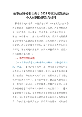 某市政协秘书长关于2024年度民主生活会个人对照检视发言材料