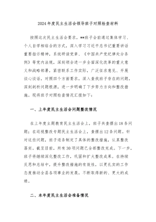 2024年度民主生活会领导班子对照检查材料
