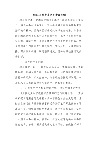 2024年民主生活会发言提纲