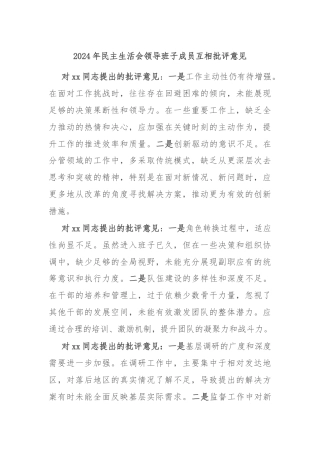 2024年民主生活会领导班子成员互相批评意见