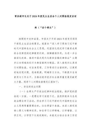 常务副市长关于2024年度民主生活会个人对照检视发言材料（“四个带头”）