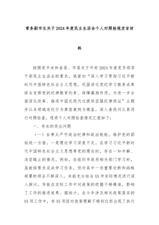 常务副市长关于2024年度民主生活会个人对照检视发言材料