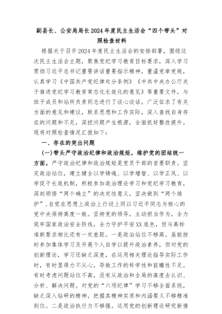 副县长、公安局局长2024年度民主生活会“四个带头”对照检查材料