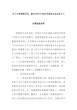 市人大党组副书记、副主任关于2024年度民主生活会个人对照检视材料