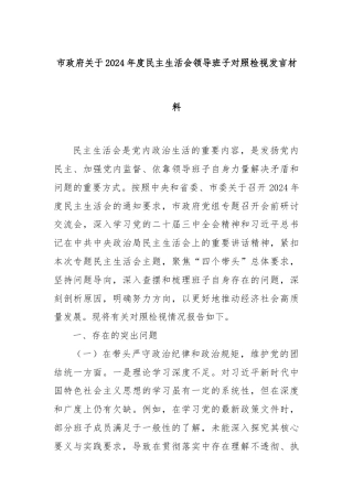 市政府关于2024年度民主生活会领导班子对照检视发言材料