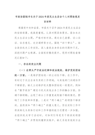 市政协副秘书长关于2024年度民主生活会个人对照检视发言材料