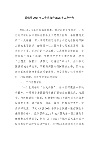 医保局2024年工作总结和2025年工作计划