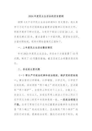 2024年度民主生活会的发言提纲