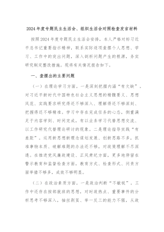 2024年度专题民主生活会、组织生活会对照检查发言材料