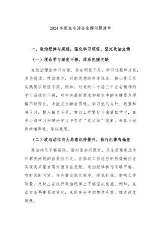2024年民主生活会查摆问题清单