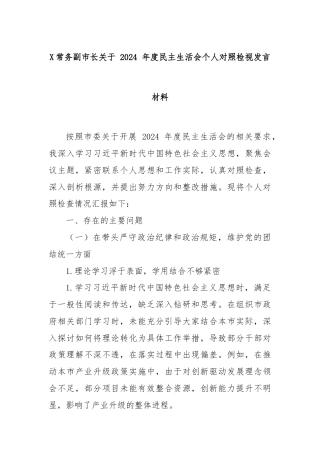 X常务副市长关于 2024 年度民主生活会个人对照检视发言材料