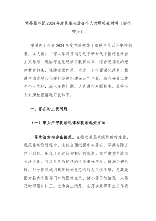 党委副书记2024年度民主生活会个人对照检查材料（四个带头）
