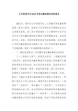 公司党委书记2024年党风廉政建设述职报告