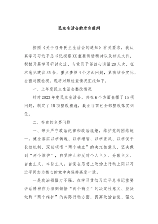 民主生活会的发言提纲