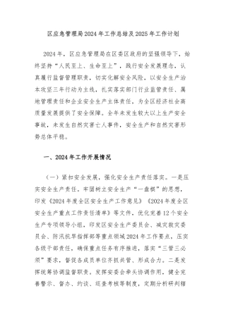 区应急管理局2024年工作总结及2025年工作计划