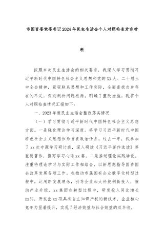 市国资委党委书记2024年民主生活会个人对照检查发言材料