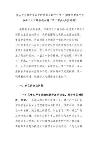 市人大分管农业与农村委员会副主任关于2024年度民主生活会个人对照检视材料（四个带头+典型案例）