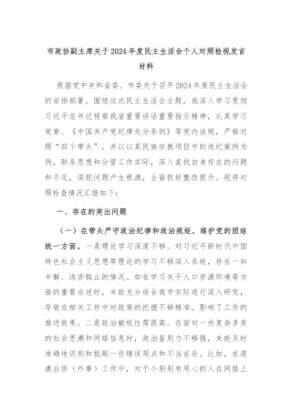 市政协副主席关于2024年度民主生活会个人对照检视发言材料