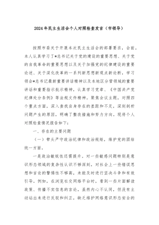 2024年民主生活会个人对照检查发言（市领导）