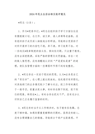 2024年民主生活会相互批评意见