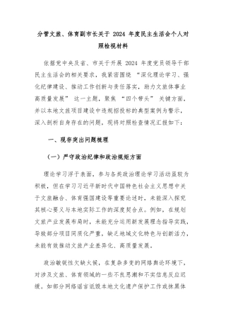 分管文旅、体育副市长关于 2024 年度民主生活会个人对照检视材料