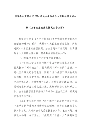 国有企业党委书记2024年民主生活会个人对照检查发言材料（上年度整改落实情况四个方面）