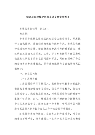 批评与自我批评组织生活会发言材料3