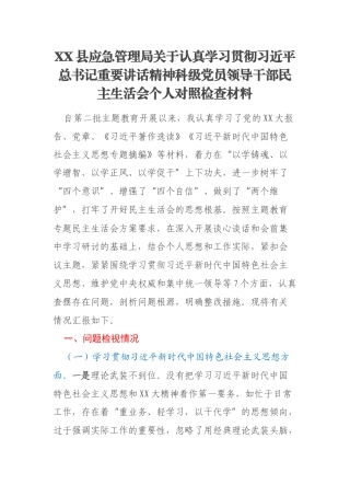 XX县应急管理局关于认真学习贯彻习近平总书记重要讲话精神科级党员领导干部民主生活会个人对照检查材料