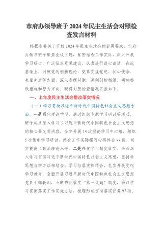 市府办领导班子2024年民主生活会对照检查发言材料