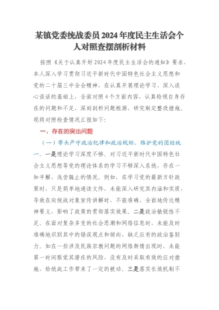 某镇党委统战委员2024年度民主生活会个人对照查摆剖析材料