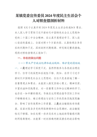 某镇党委宣传委员2024年度民主生活会个人对照查摆剖析材料