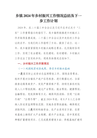 乡镇2024年乡村振兴工作情况总结及下一步工作计划