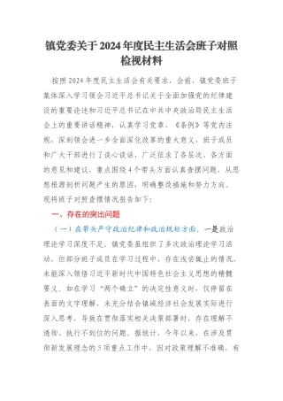 镇党委关于2024年度民主生活会班子对照检视材料