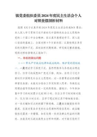 镇党委组织委员2024年度民主生活会个人对照查摆剖析材料