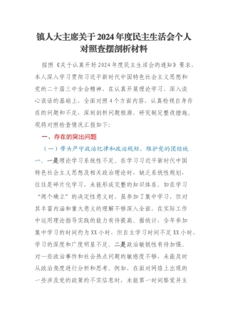 镇人大主席关于2024年度民主生活会个人对照查摆剖析材料