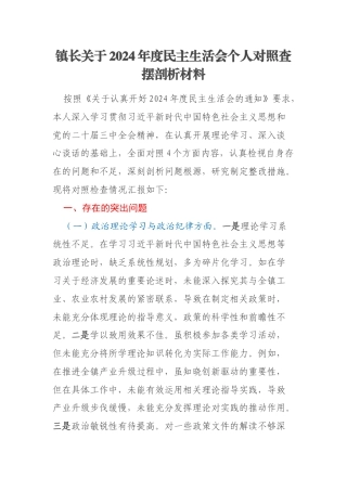 镇长关于2024年度民主生活会个人对照查摆剖析材料