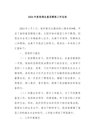 2024年度选调生基层锻炼工作总结