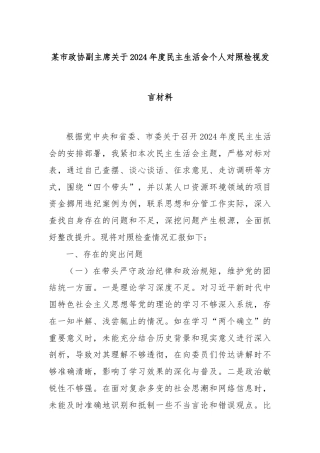 某市政协副主席关于2024年度民主生活会个人对照检视发言材料