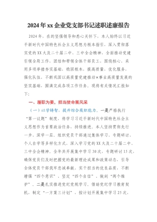 2024年xx企业党支部书记述职述廉报告