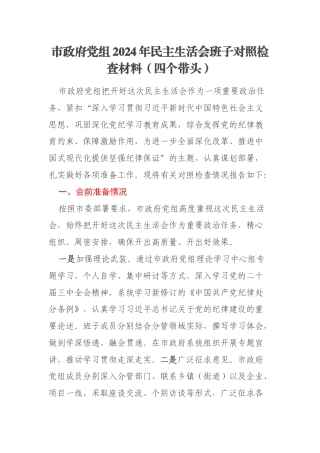 市政府党组2024年民主生活会班子对照检查材料（四个带头）