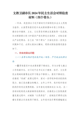 文教卫副市长2024年民主生活会对照检查材料（四个带头）
