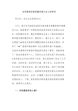 在民营经济高质量发展大会上的讲话