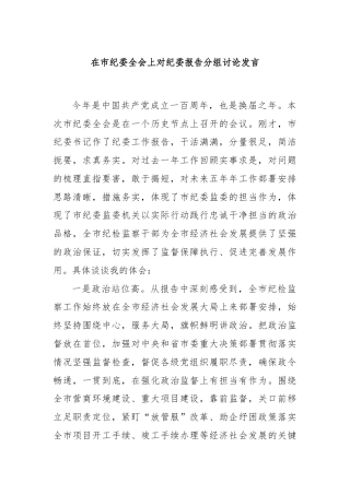 在市纪委全会上对纪委报告分组讨论发言