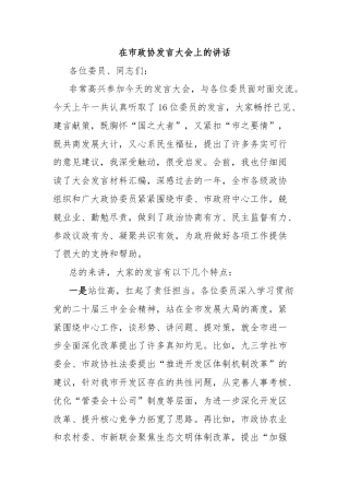 在市政协发言大会上的讲话